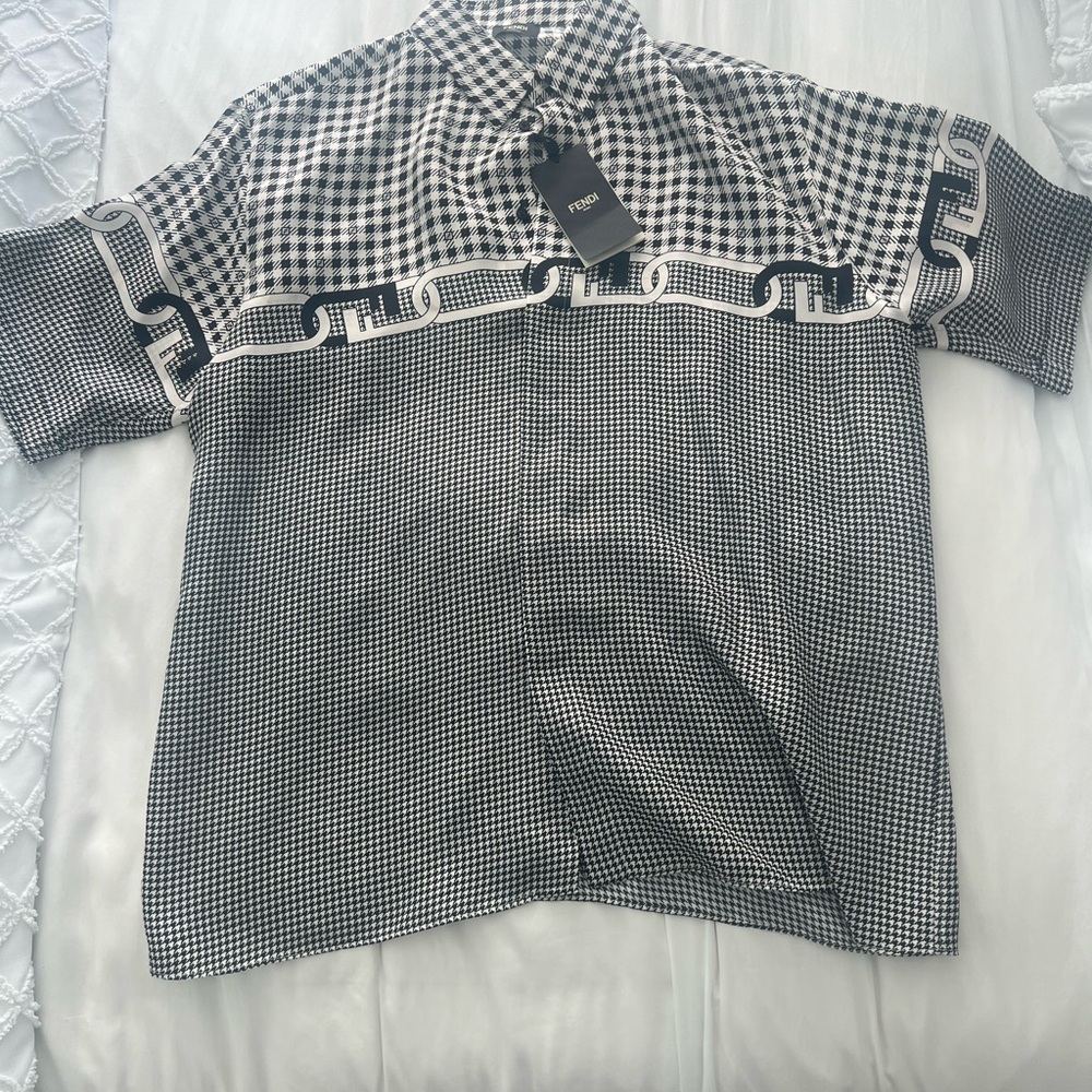 Fendi Black and White Gingham Casual Shirt with Train Detail